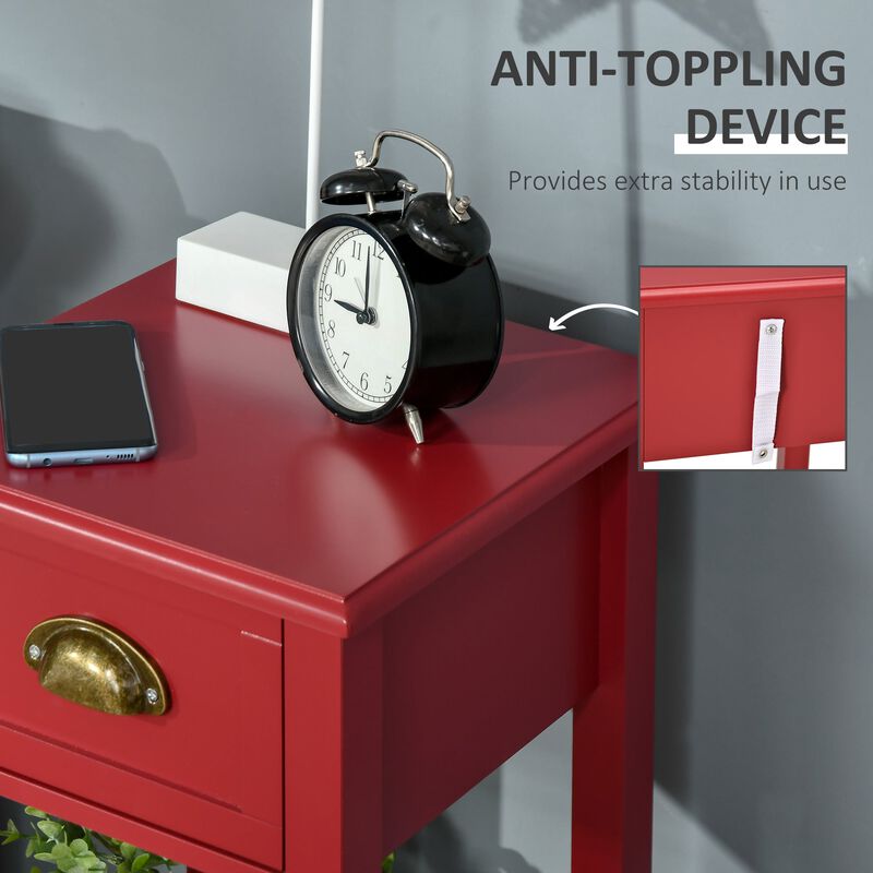 Red Narrow End Table: 2-Tier Side Table with Drawer for Living Room