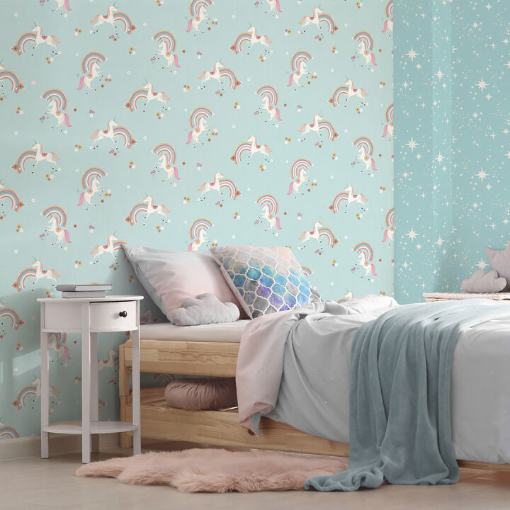 Rainbow Unicorn Blue Fantastical Wallpaper