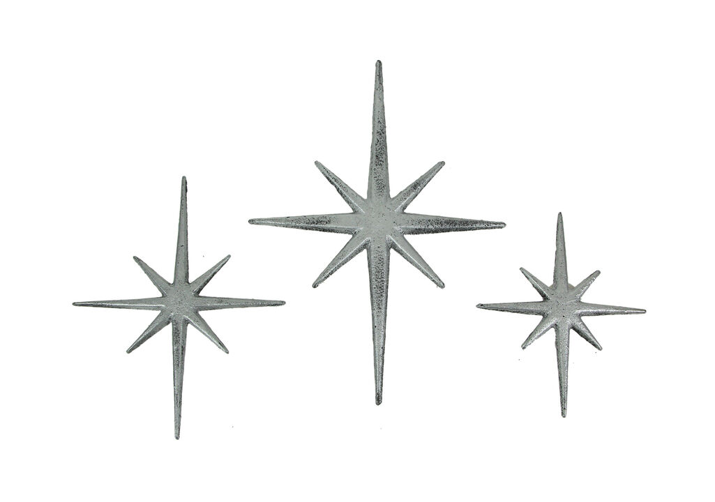 Set of 3 Metallic Silver Cast Iron Starburst Wall Hangings 8 Pointed Stars