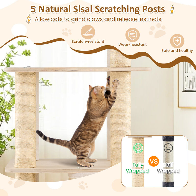 Wooden Cat Tree Tall Tower with 2 Story Condo and Plush Padded Top Perch-Natural image number 5