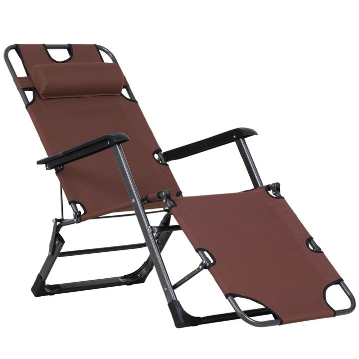 Outdoor Folding Patio Chaise Lounger Armchair Recliner w/ Padded Headrest, Brown