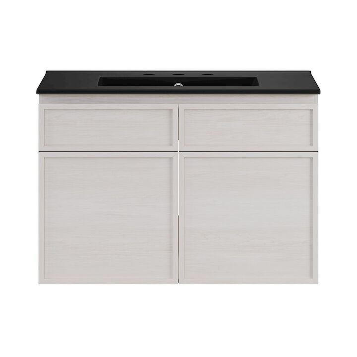30" Wall-Mounted Bathroom Vanity in White Oak, Black 3-Hole Widespread Sink Top