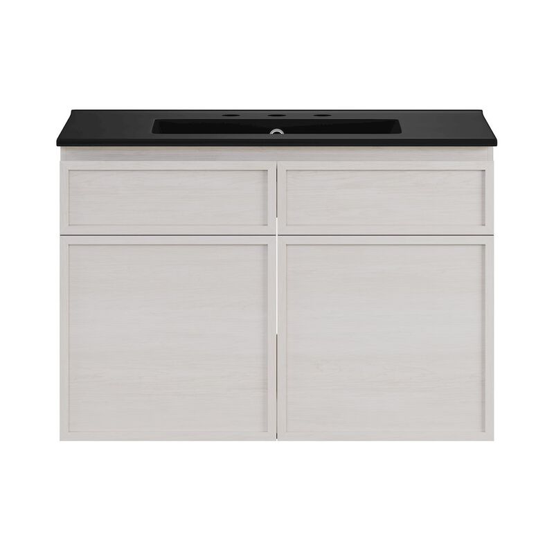 30" Wall-Mounted Bathroom Vanity in White Oak, Black 3-Hole Widespread Sink Top image number 0