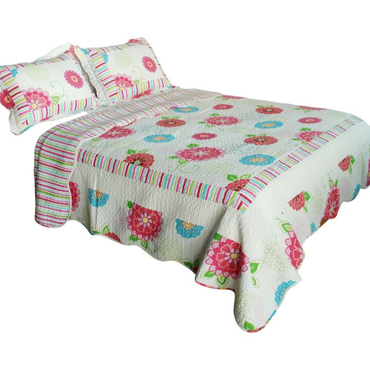 Pink Fairy Tale Queen Size 3PC Cotton Quilted Printed Patchwork Style Bedding Set