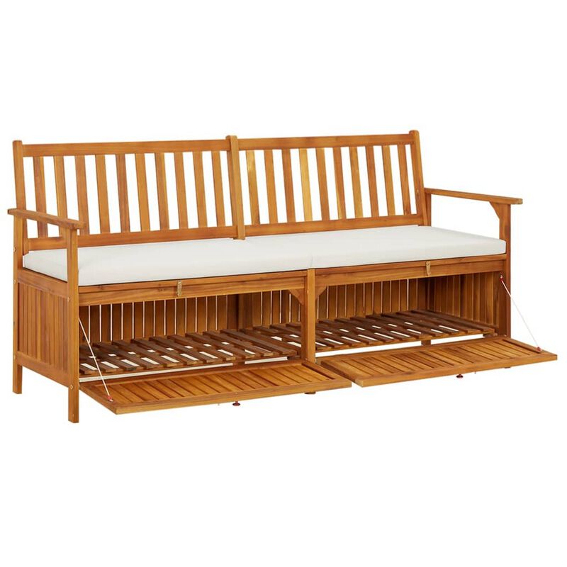 Outdoor Storage Bench, White Fabric Cushion, 66 Inch Brown Acacia Wood - Benzara