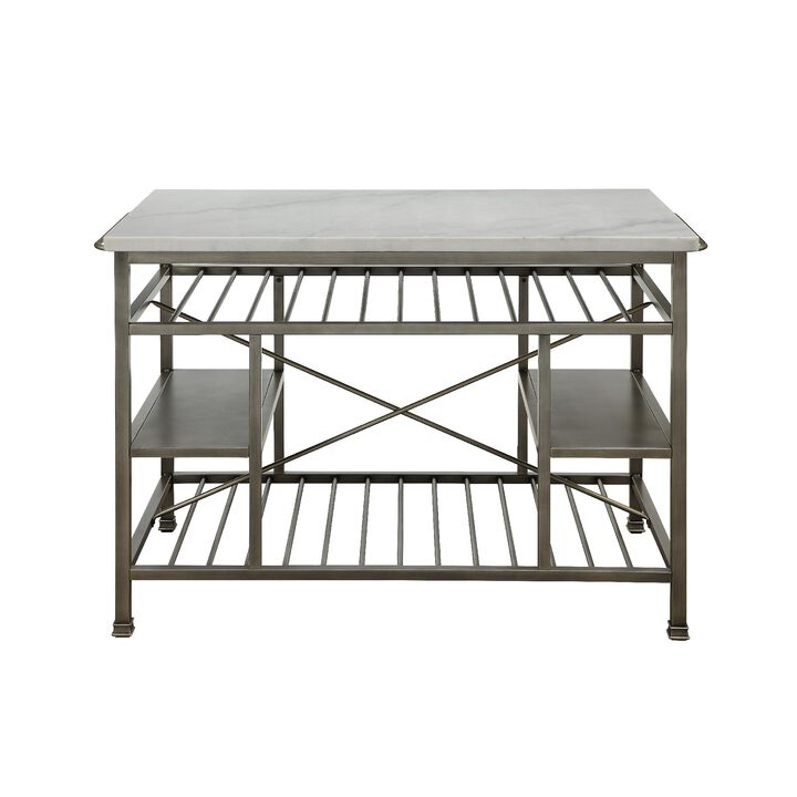 Marble Top Metal Kitchen Island with 2 Slated Shelves, Gray and White-Benzara