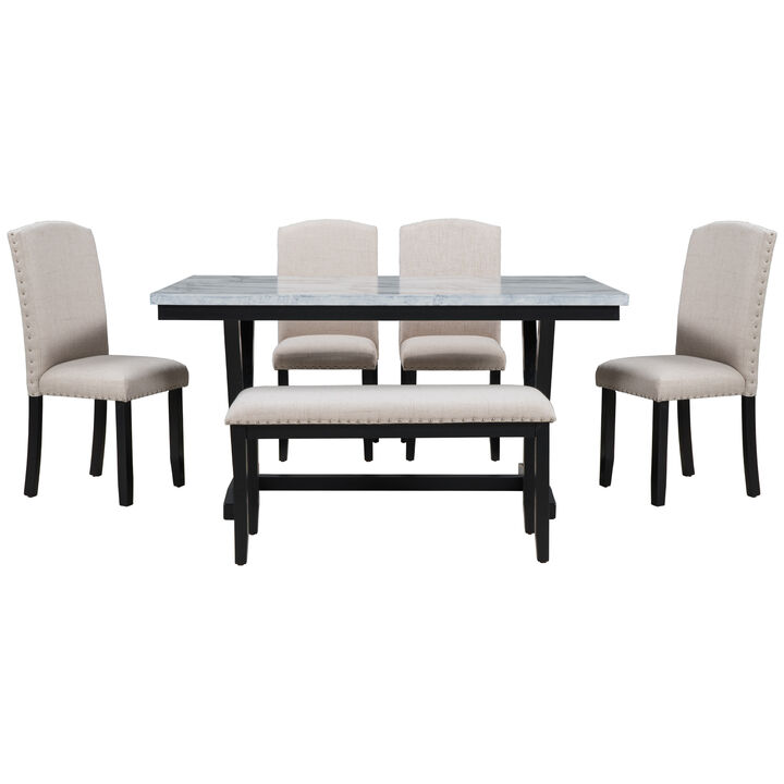 Merax Modern Style 6-piece Dining Table with Marbled Veneers Tabletop
