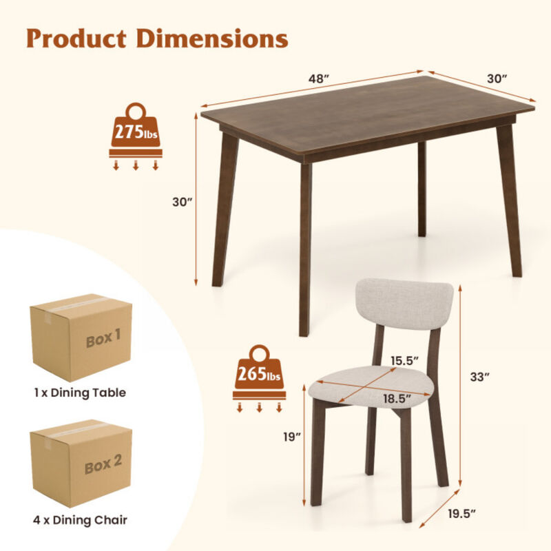 Dining Table Set for  Five Piece with 4 Solid Rubber Wood Frame and Padded Seats Chair-Brown image number 2