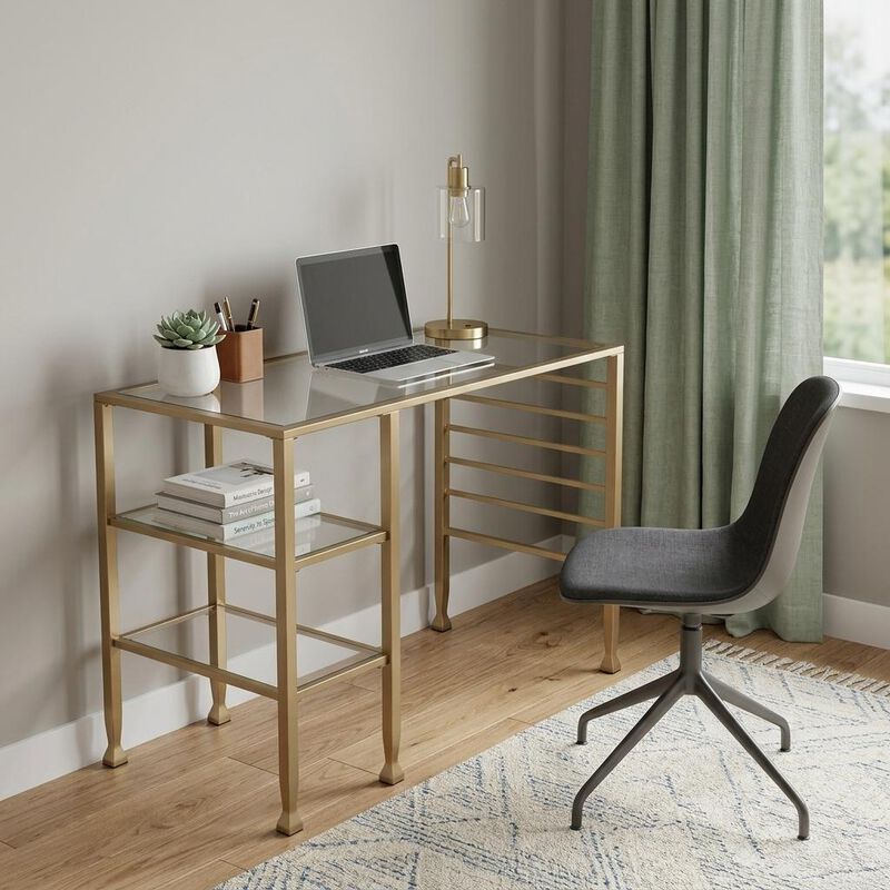 HomeRoots 43" Clear and Gold Glass Writing Desk image number 1