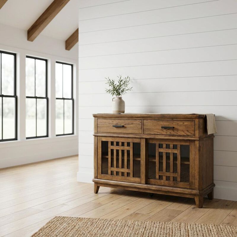Liberty Furniture Rubberwood Solid Wood Mission-Style Buffet Cabinet with Drawers and Tray, Brown image number 1