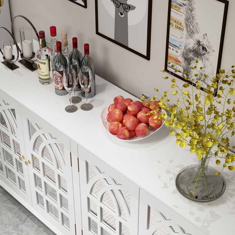 White Wooden 63 in. W, Mirrored Accent Strorage Cabinet, Sideboard with 4 Shelves and 4 Elegant Feet