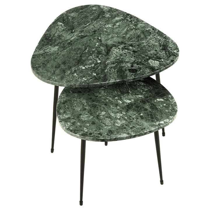 2 Piece Nesting Accent Table Set, Triangular Marble Top, Green, Black
