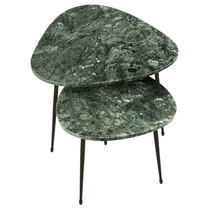 2 Piece Nesting Accent Table Set, Triangular Marble Top, Green, Black