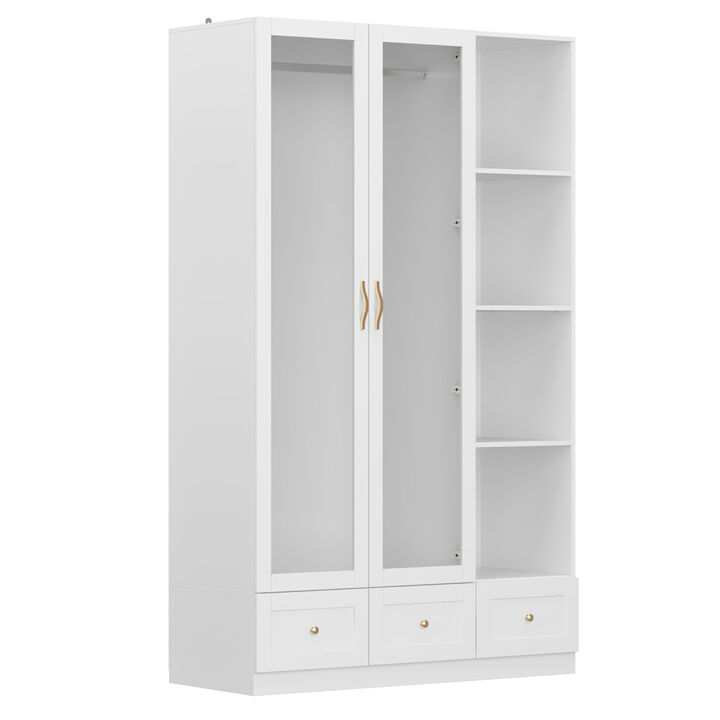 White Wood 47.2 in. W Tempered Glass Doors Armoires Wardrobe with Hanging Rods, 3-Drawers, Open Shelves 78.7 in. H