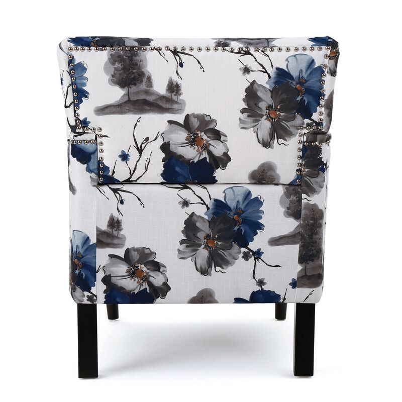Lit Accent Chair, Button Tufted Floral White Blue Print, Multicolor