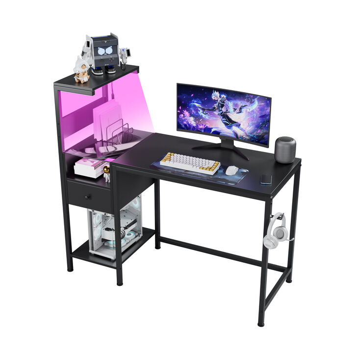 Computer Desk with Power Outlets & LED Lights, 48" Gaming Desk with Storage Shelves & USB Charging Station, Reversible Home Office Desk