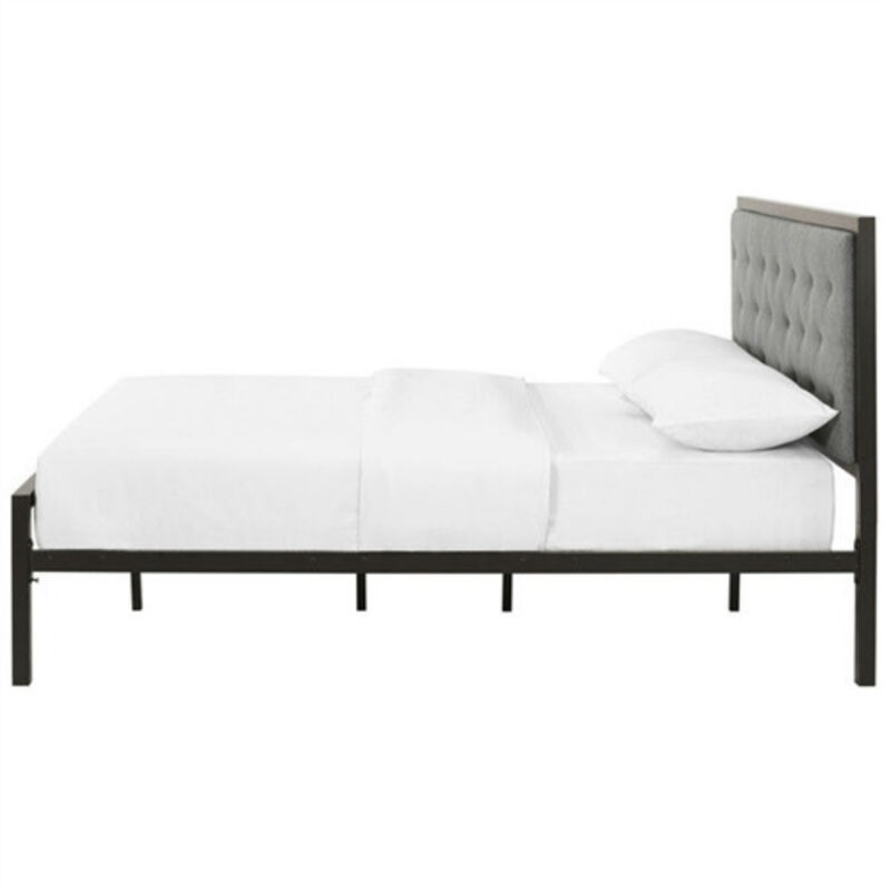 Low Profile Metal Bed Frame &ndash; Contemporary Upholstered Headboard with Slat Base
