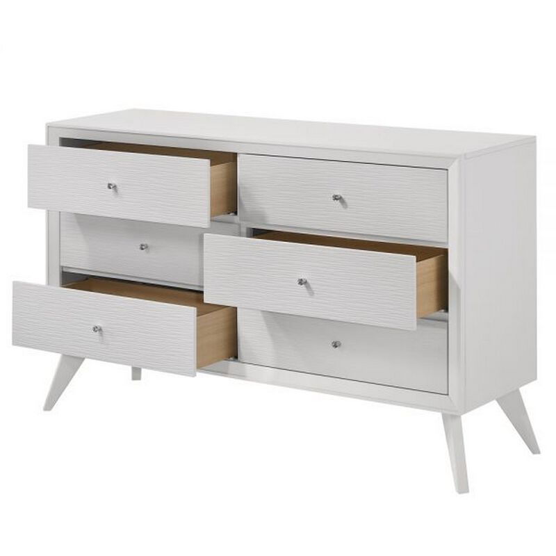 Siam 57 Inch Dresser, 6 Drawers, Modern White, Sleek Rubberwood Frame - Benzara