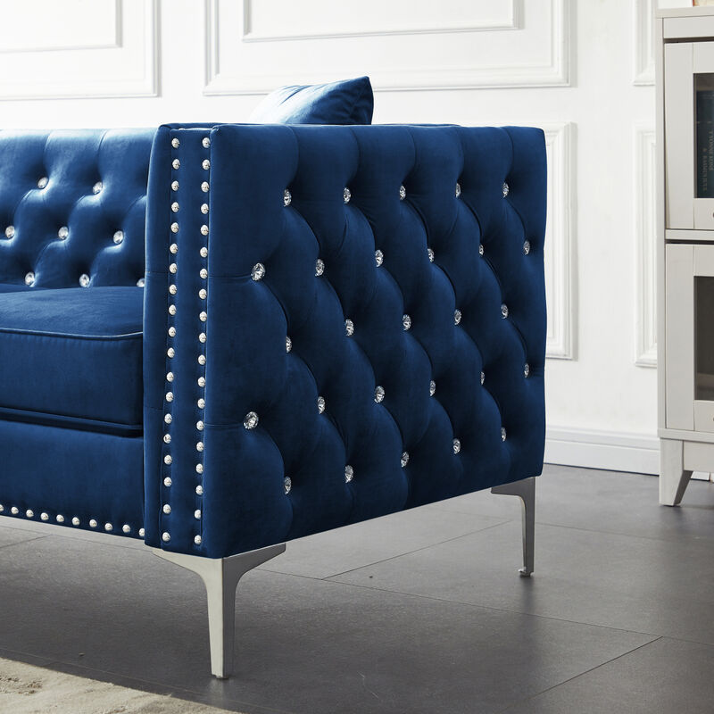 59.4 Inch Wide Blue Velvet Sofa with Jeweled buttons, Square Arm, 2 Pillows