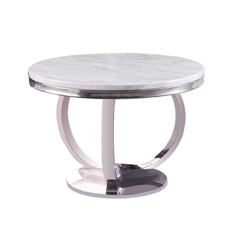 Best Master Furniture Layla White Modern Faux Marble Round Dining Table with Silver Base