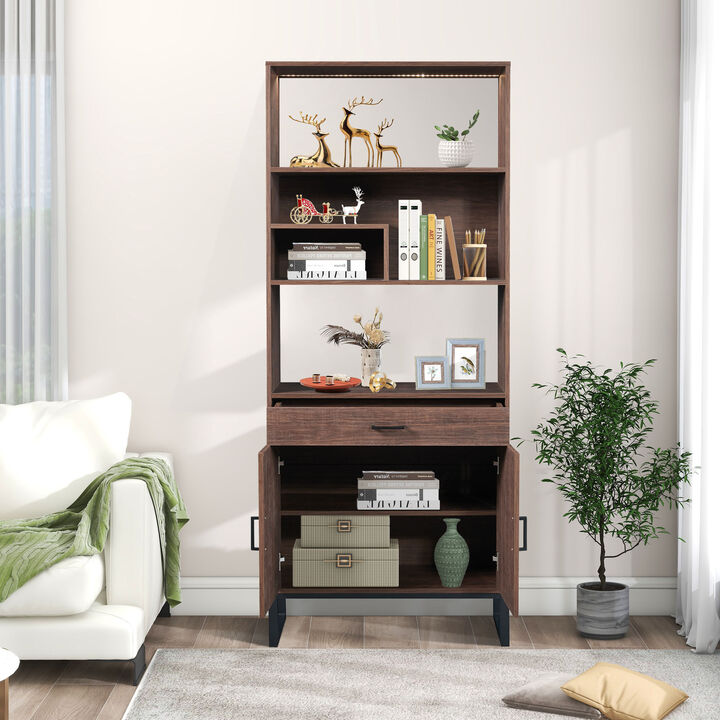 Merax 75.9"Modern Open Bookshelf with Doors, Bookcase with Storage drawer and LED Strip Lights