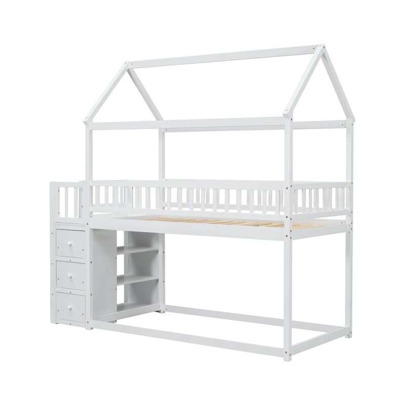 Whisen Twin Over Twin House-shaped Bunk Bed with Shelves, Drawers and Fence Guardrails