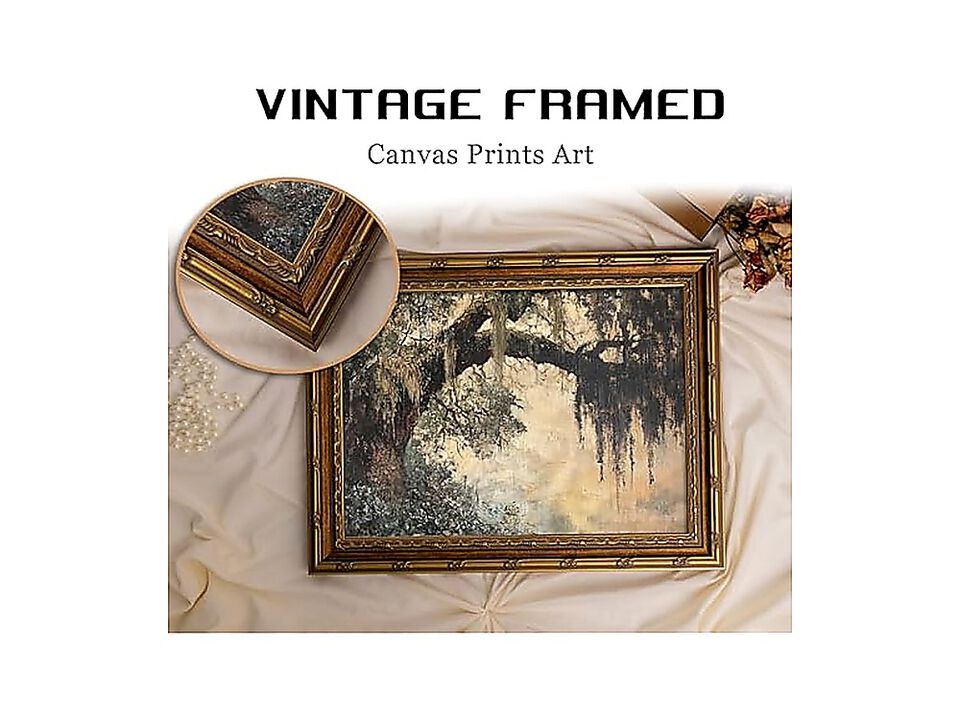 Vintage Gold Framed Oak Tree Wall Art Retro Landscape Canvas Decor Moss Rustic