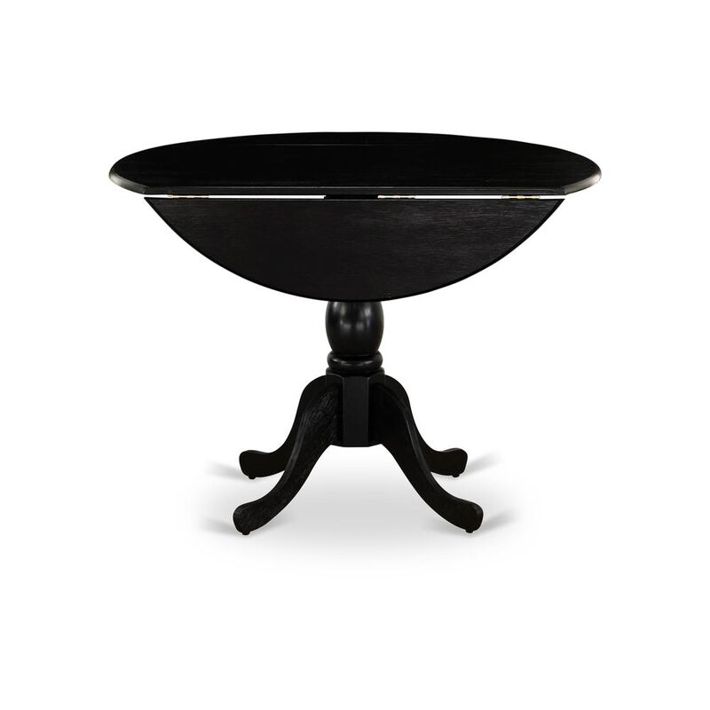 Round wood table Wire Brushed Black Color Table Top Surface and Asian Wood Drops Leave Kitchen table with Pedestal Legs - Wire Brushed Black Finish