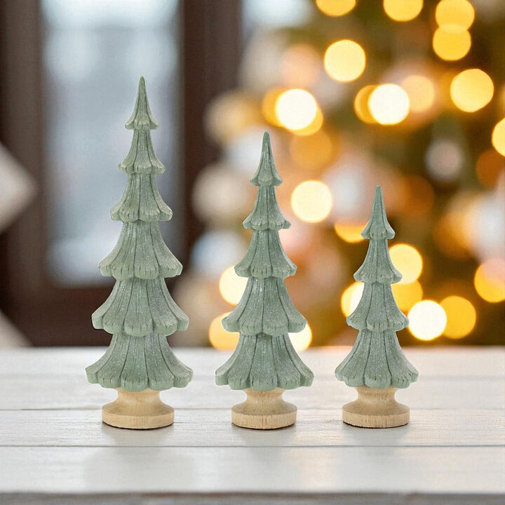Set of 3 Glittered Pine Trees – Sparkling Holiday Tabletop Decorations for Mantel, Shelf, or Centerpiece