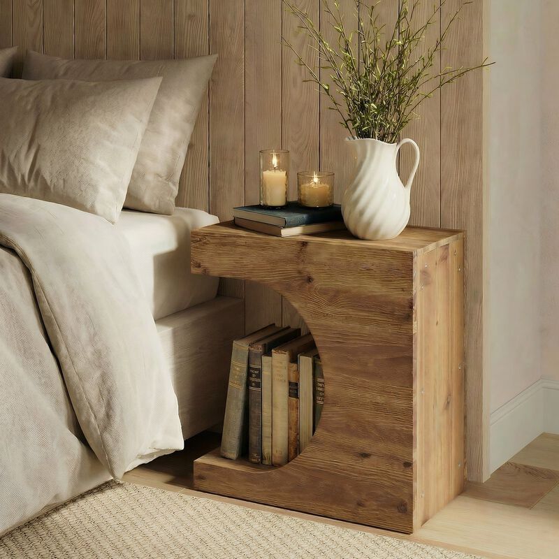 Modern C-Shaped Solid Wood Side Table with 2-Tier Storage, Nightstand image number 5