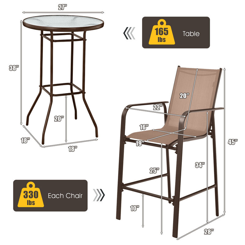 3 Pieces Outdoor Patio Bar Table Stool Set