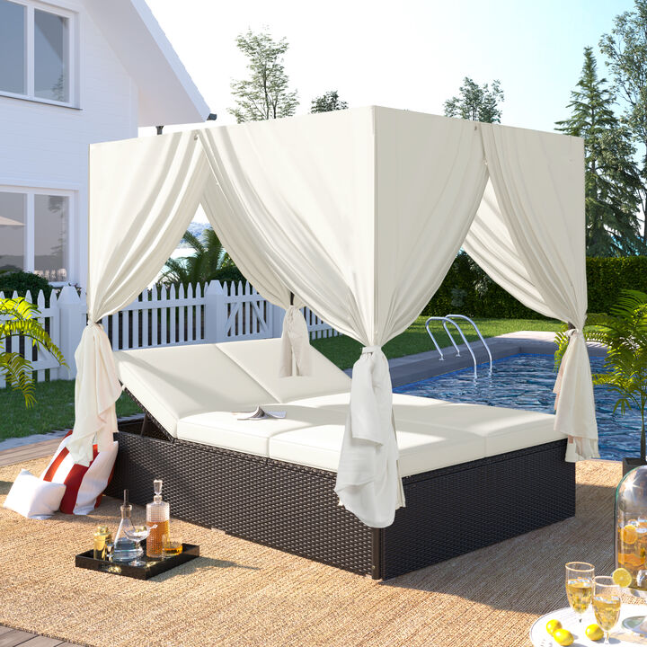 Merax Patio Daybed with 2 Separate Cushions, Adjustable Recline, Curtains for Sun Blocking