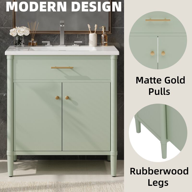 TATEUS 31-Inch Bathroom Vanity with Ceramic Sink Sturdy Solid Wood Legs