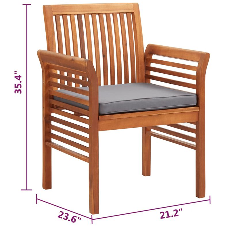 Outdoor Dining Chair Set of 4, Slatted Brown Acacia Wood, Gray Fabric - Benzara image number 4