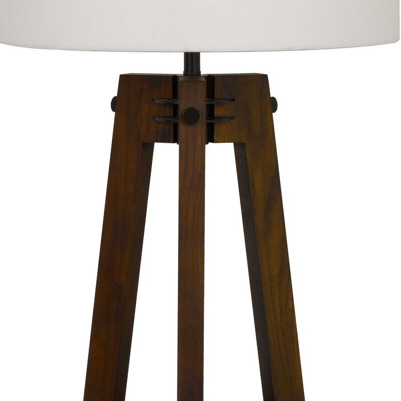 Drum Shade Table Lamp with Wooden Tripod Base, White and Brown - Benzara