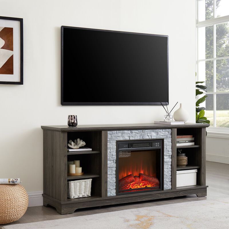Mondawe Mantel 18 Inch Electric Fireplace TV Media Rack, Open Storage Modern Entertainment Console