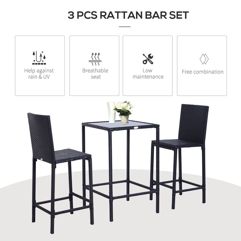 Alfresco Bar Ensemble: 3-Piece Black Wicker Counter Set with Glass Top