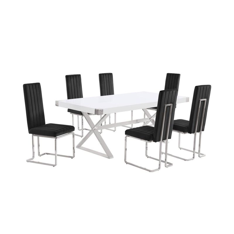 Best Quality Furniture 7pc Small(78) white wood top dining set with silver base and 6 chairs
