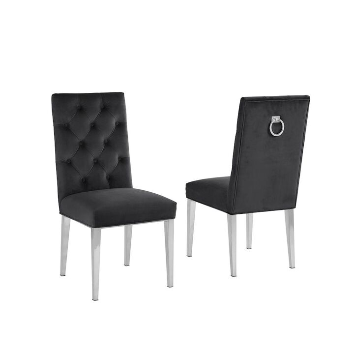 Black Velvet Tufted Dining Side Chairs, Chrome - Set of 2