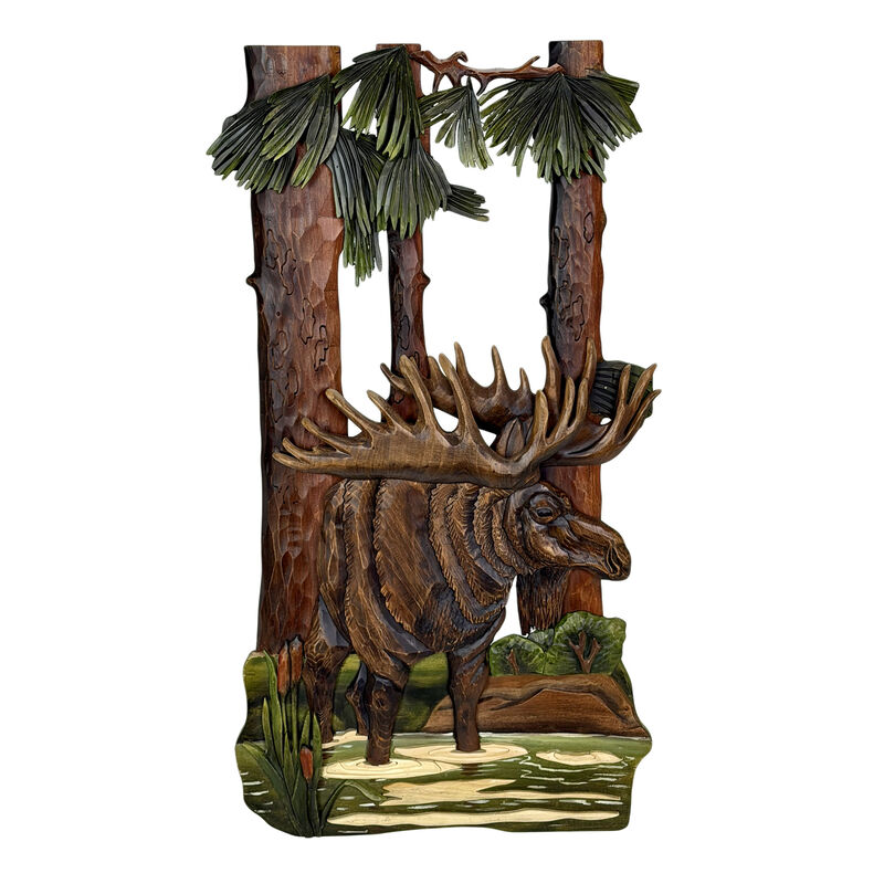 31x17 Intarsia Wood Moose Wall Sculpture Rustic Cabin Lodge Wildlife Decor image number 0
