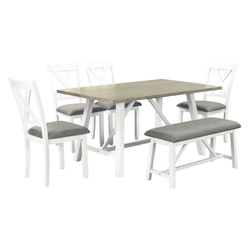 6 Piece Dining Table Set Wood Dining Table and chair Kitchen Table Set with Table, Bench and 4 Chairs, Rustic Style, White+Gray