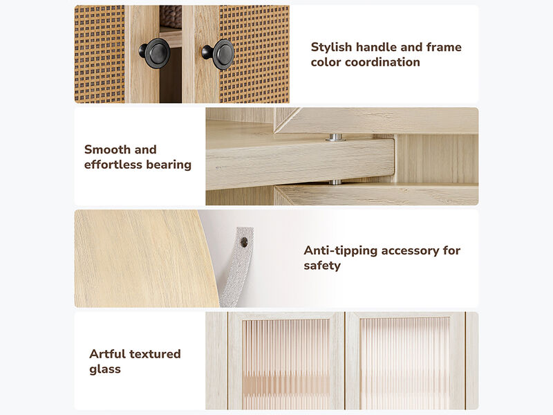 BELLEZE 65 Inch Storage Cabinet, Freestanding Arched Bookshelf for Living Room, Curio Cabinet with Reeded Glass Door, Storage and Organizer Cabinet with Adjustable Shelves for Kitchen - White Lotus