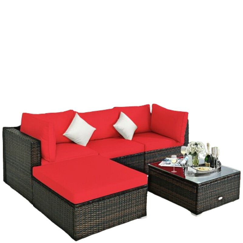 5 Pieces Outdoor Patio Rattan Furniture Set With Cushions-Red