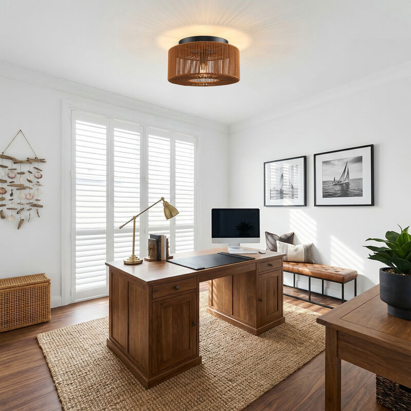 13.8" 1-Light Farmhouse Brown Caged Low Profile Ceiling Light with Cotton Thread Shade for Bedroom,  Dining Room or Entryway image number 4