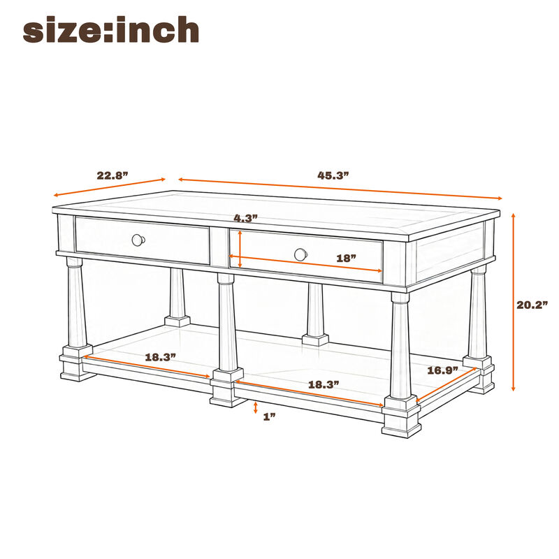 Merax Traditional Wood Coffee Table with 2 Spacious Drawers, Rich Wood Grain Finish image number 3