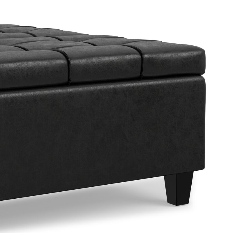Harrison 40 inch Wide Transitional Square Large Coffee Table Storage Ottoman in Distressed Black Vegan Faux Leather, Assembled image number 7