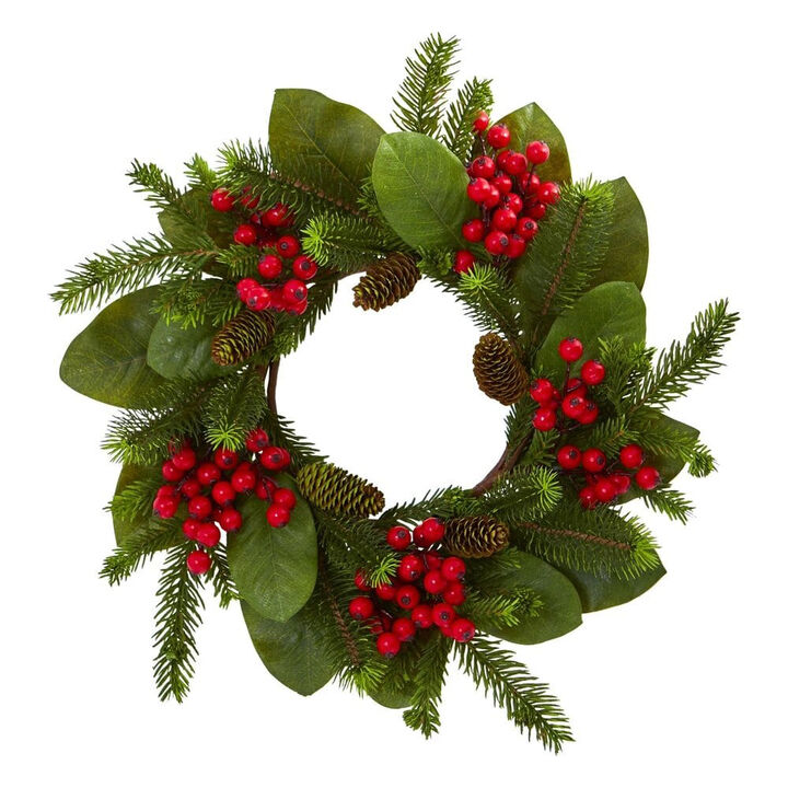 Nearly Natural 19-in Magnolia Leaf, Berry and Pine Artificial Wreath