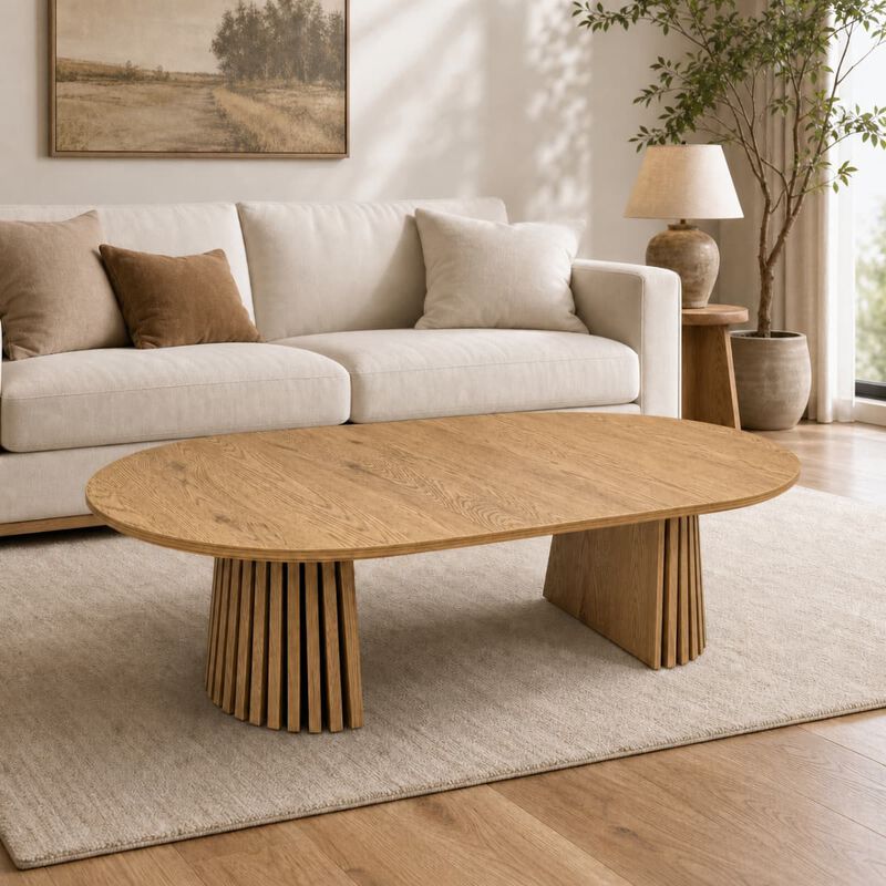 Extendable coffee table MDF oval coffee table with slatted legs Space saving coffee table for living room and home office image number 3