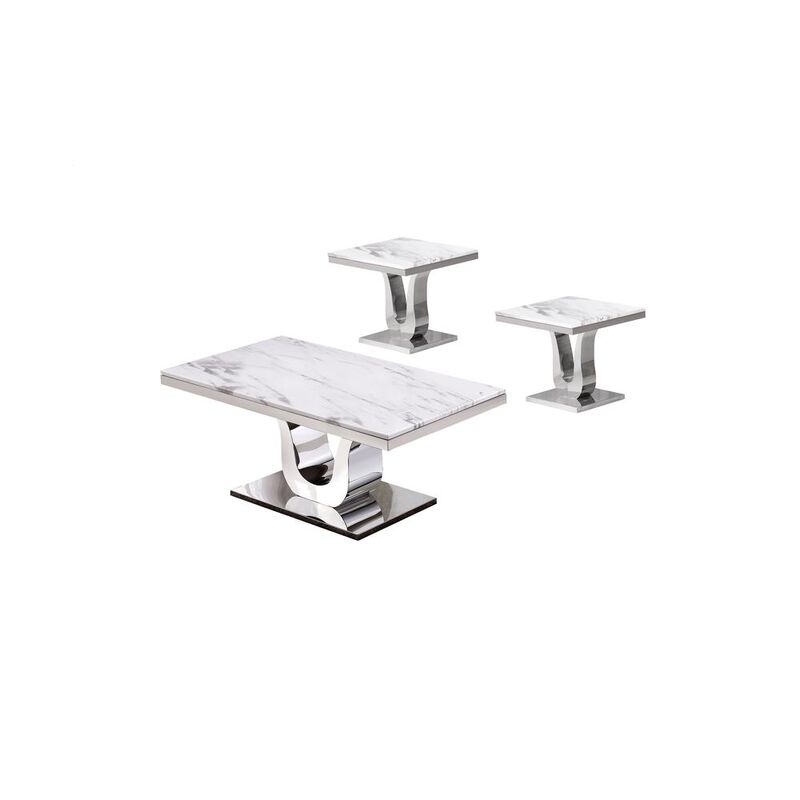 Best Quality Furniture White Marble Coffee Table Set: Coffee Table, 2 End Tables w/Stainless Steel U-Base image number 0