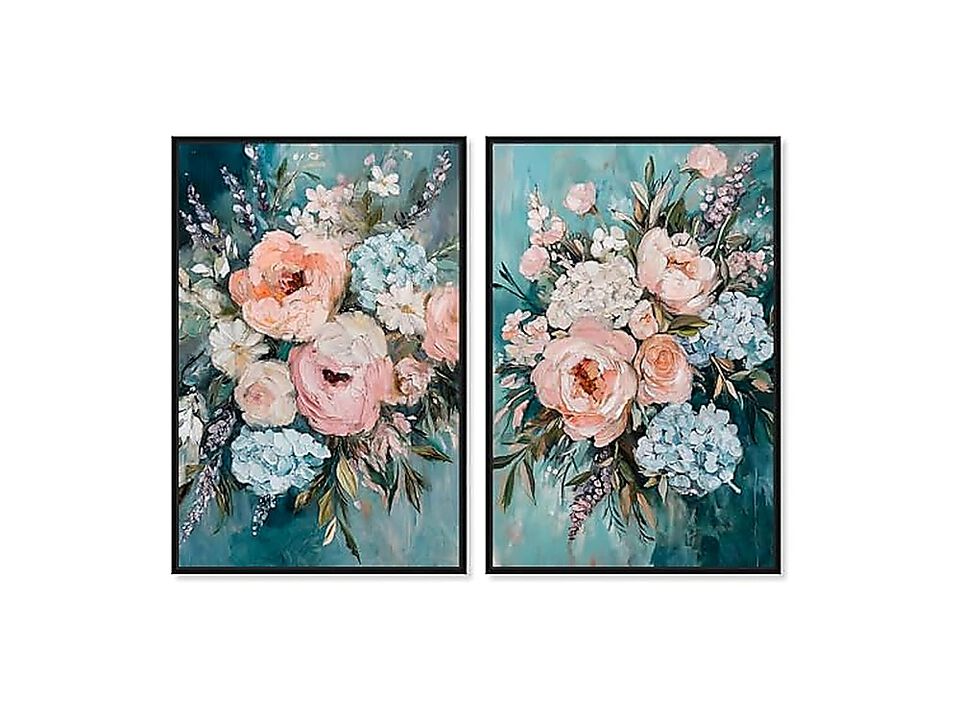 Blush Pink Whimsy 2 Panel Set Canvas Floral Wall Decor Black Frame 30 X 45 Inch